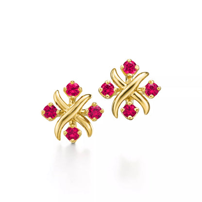 Sixteen Stone Yellow Gold Rubies Studs