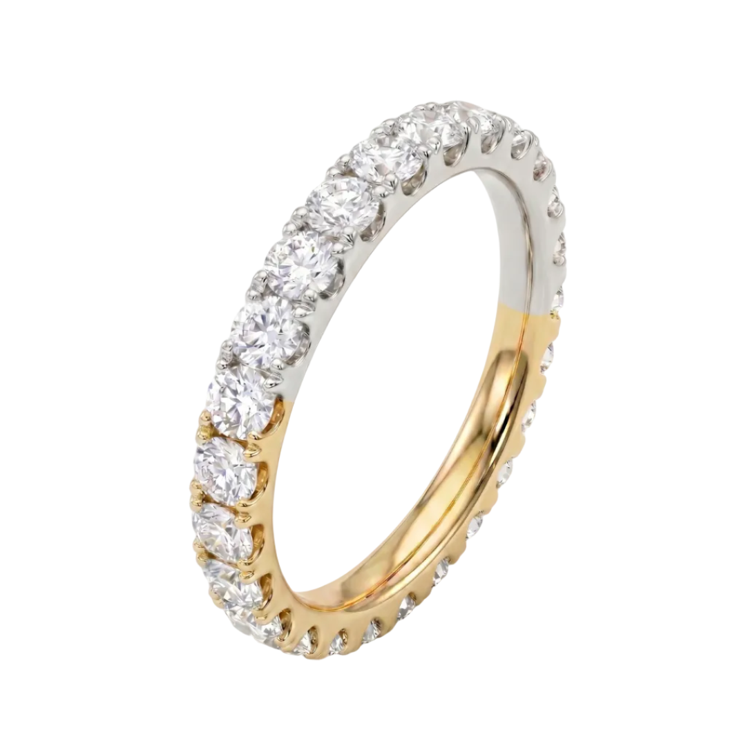 Two tone eternity ring in solid 14K yellow and white gold with round lab-grown diamonds.
